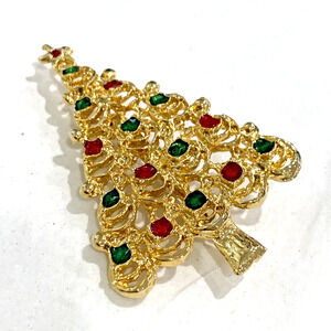 Vintage Christmas Tree brooch goldtone metal pin red green gold enamel festive